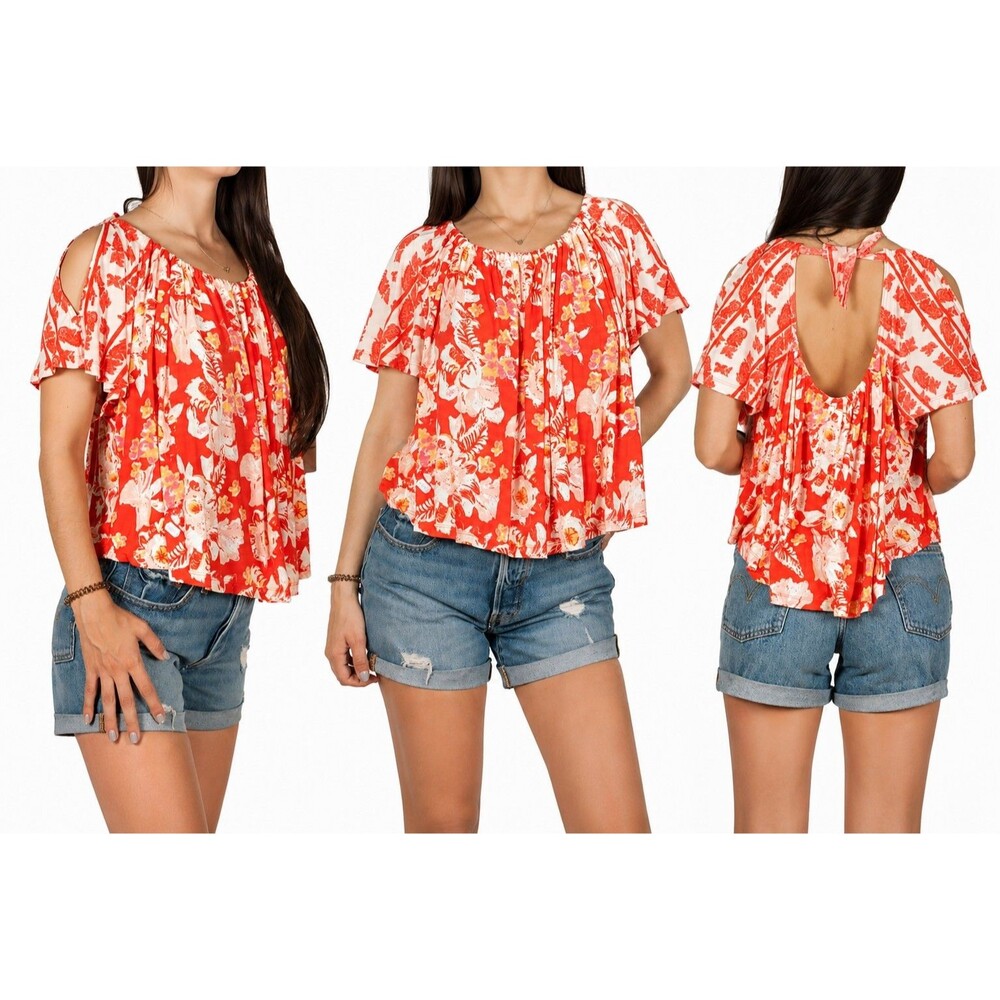 Free People Baja Babe Red Floral Print Tie Back Cold Shoulder Tee Top Jersey M
